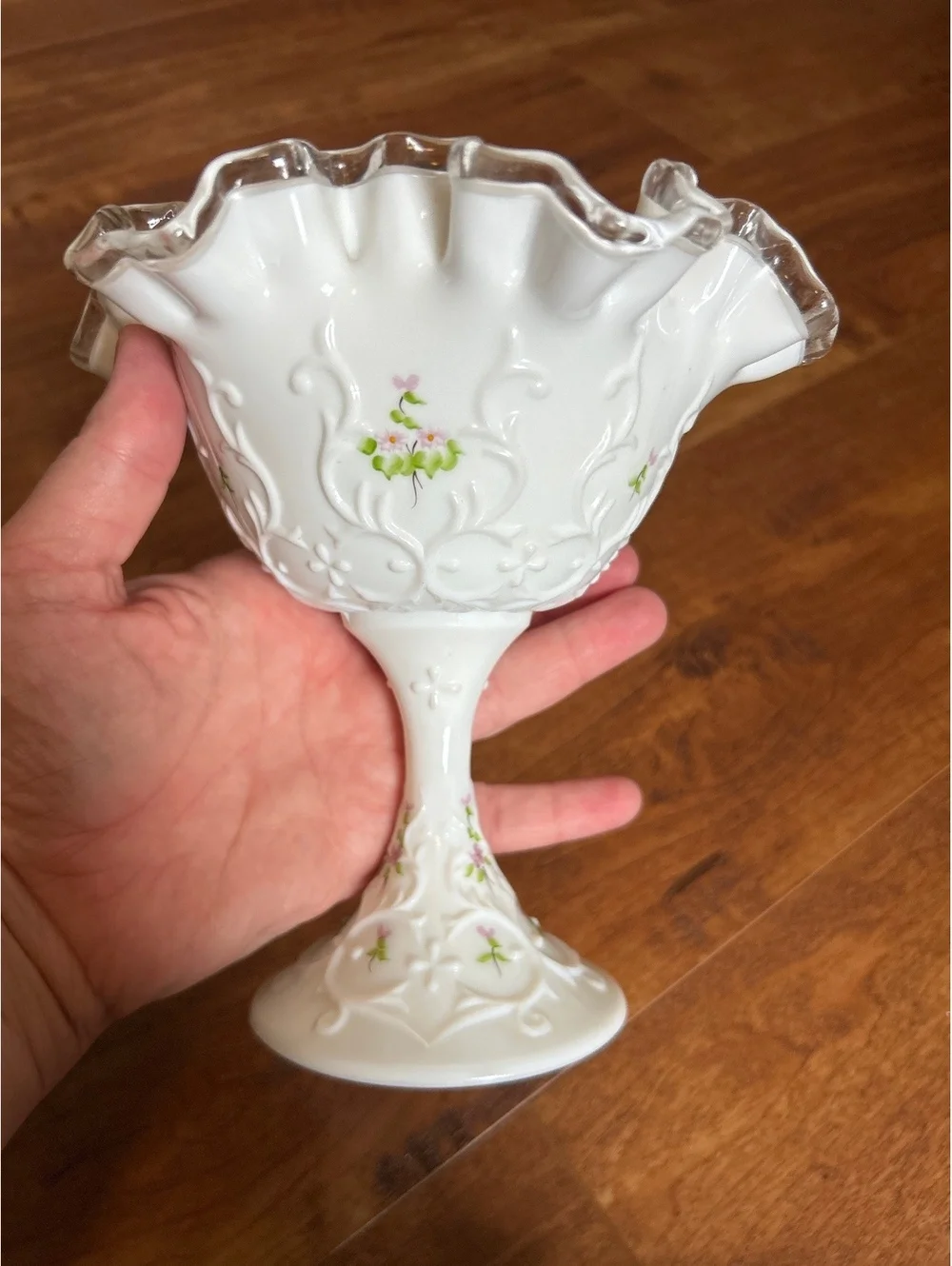 Hand-Painted White Milk Glass Compote with Floral Design and Ruffled Clear Edge